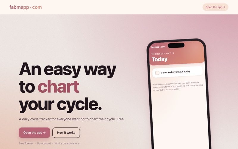 Screenshot of the fabmapp cycle charting home screen on a phone.