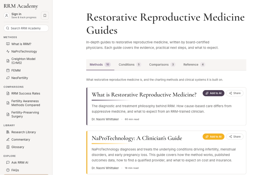 Screenshot of the guides index with Methods, Conditions, Comparisons, and Reference tabs.